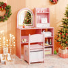 Kids vanity set in pink featuring a LED lighted mirror, open shelves, and ergonomic chair for safe, stylish play.