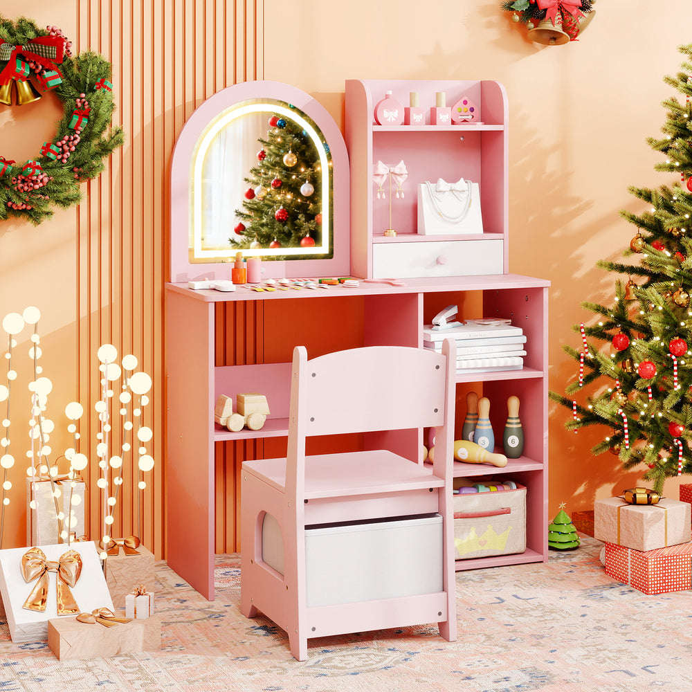 Kids vanity set in pink featuring a LED lighted mirror, open shelves, and ergonomic chair for safe, stylish play.