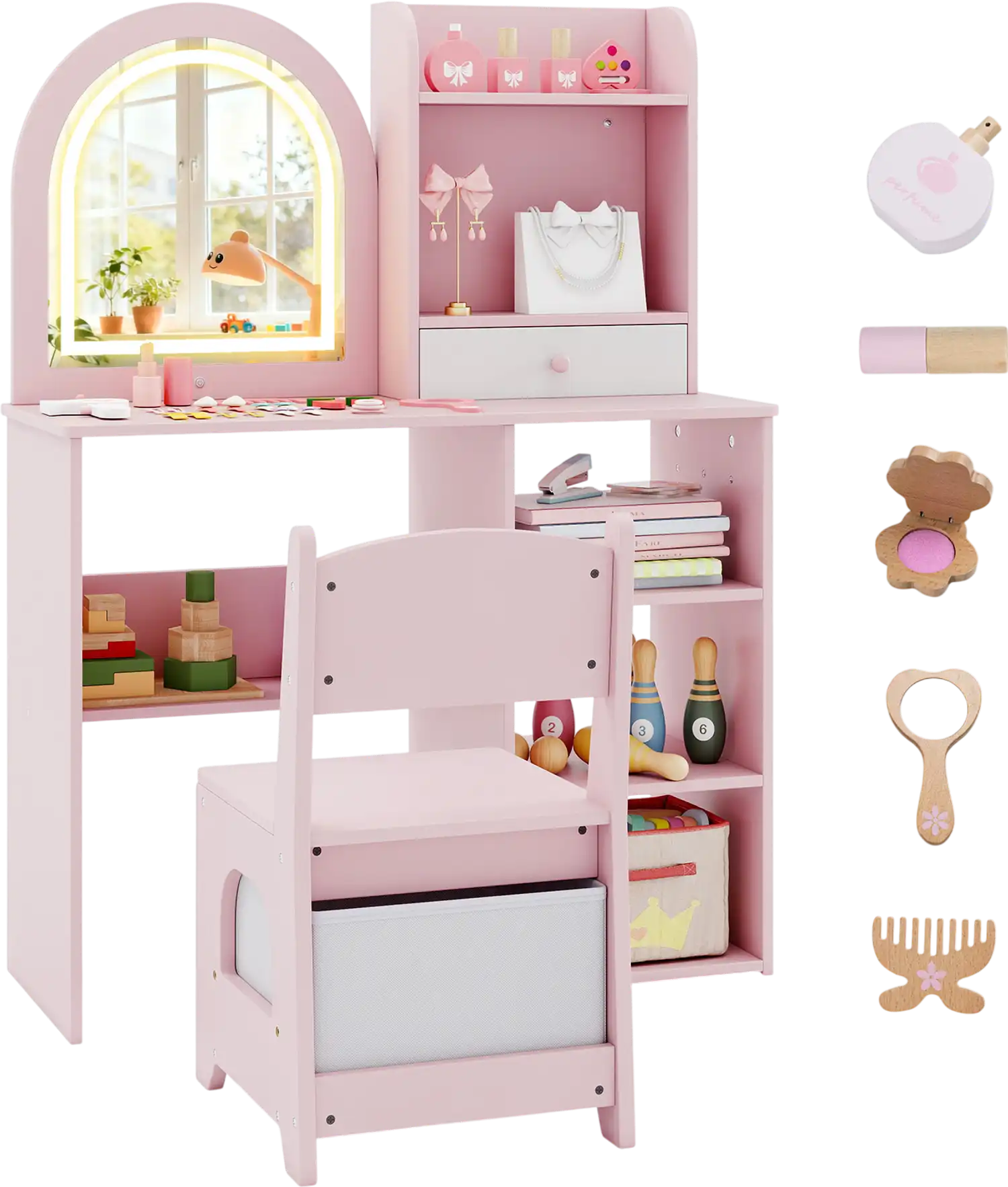 Costway Kids Princess Makeup Vanity Desk Chair 3-Color LED Lighted Mirror 55618773 New