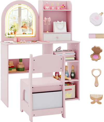 Costway Kids Princess Makeup Vanity Desk Chair 3-Color LED Lighted Mirror 55618773 New
