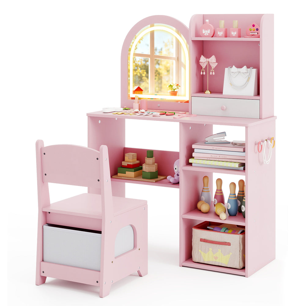 Kids vanity set in pink featuring a desk, chair, and LED lighted mirror, ideal for makeup or writing activities.