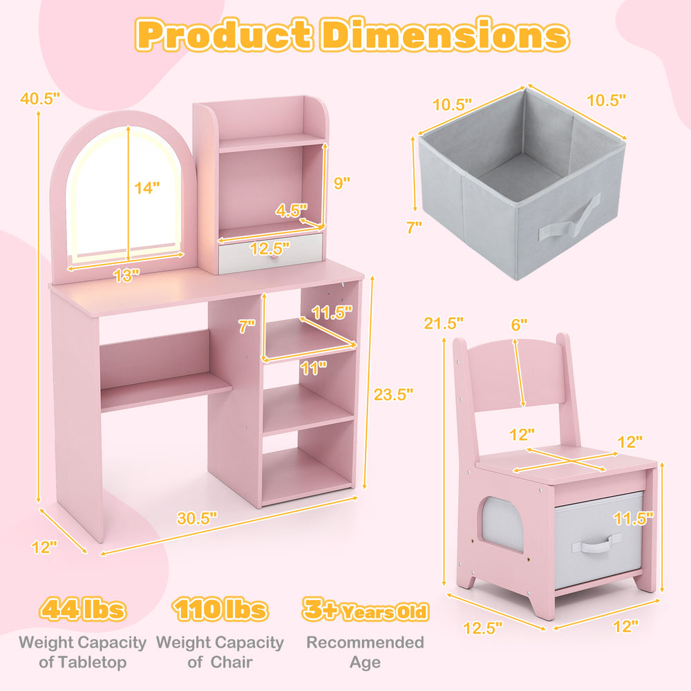Kids vanity set in pink featuring a LED lighted mirror, chair, and storage compartments for organized playtime.