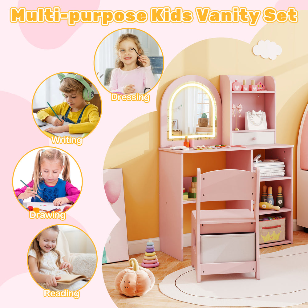 Kids vanity set in pink with LED lighted mirror, chair, and storage for dressing, writing, and drawing activities.