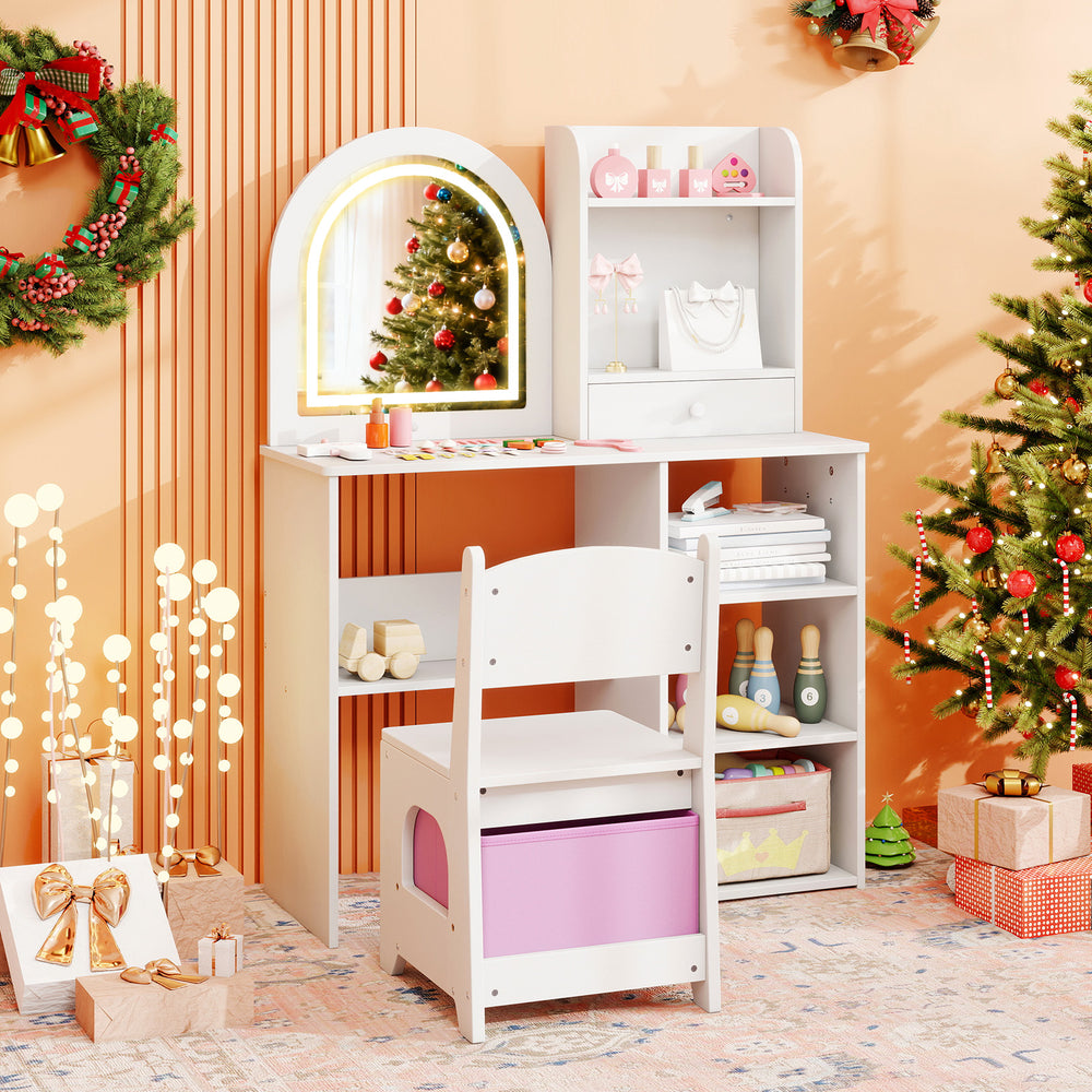 Kids Vanity Set Princess Girls Makeup Vanity Desk with Chair and 3-Color LED Lighted Mirror-White - Gallery View 1 of 13