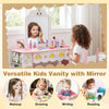 Kids vanity set with mirror, white finish, featuring storage drawers and shelves for makeup, drawing, and reading.