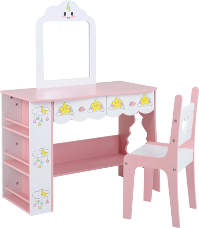 Costway Kids Vanity Set Princess Makeup Table Mirror Chair 76367269 New