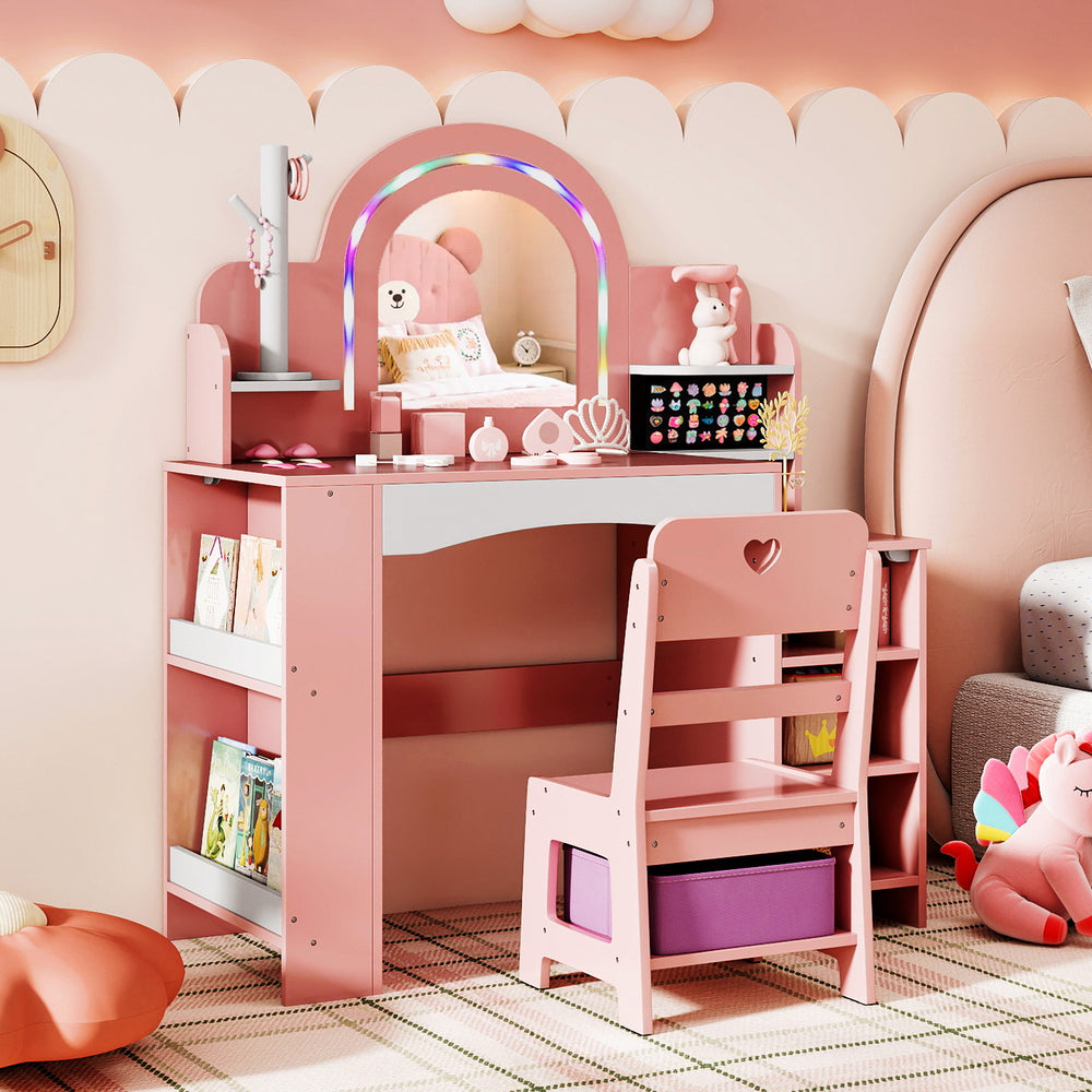 Kids Vanity Set with Colorful LED Lights Princess Makeup Dressing Table with Chair-Pink - Gallery View 1 of 10