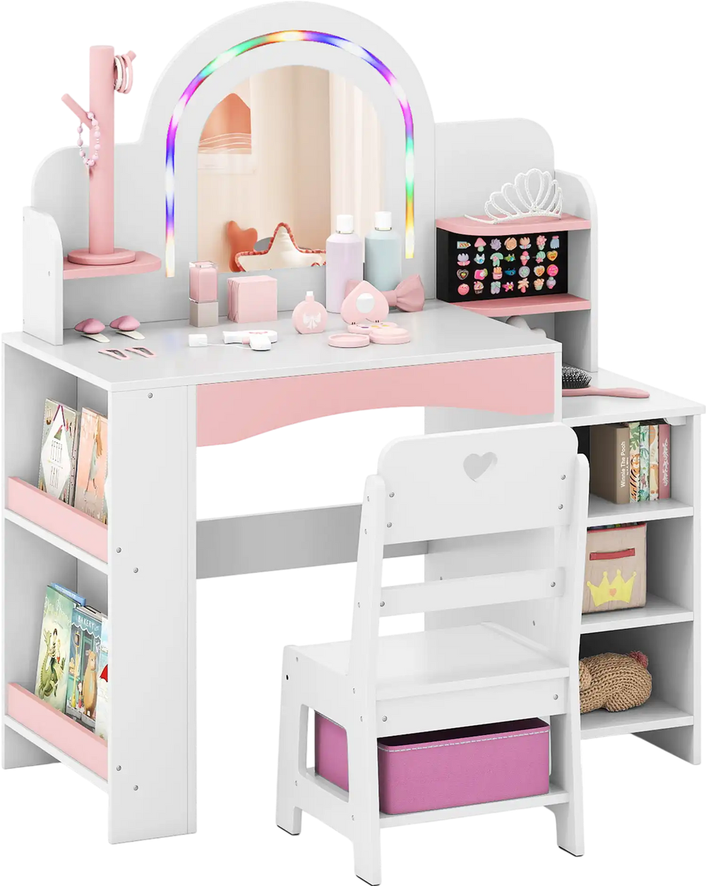 Kids vanity set with colorful LED lights, shatterproof mirror, and storage shelves for imaginative play and.