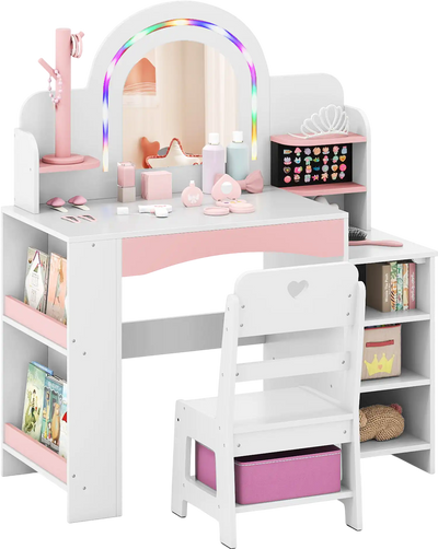 Costway Kids Princess Vanity Set w/ LED Lights & Chair 76083196 New