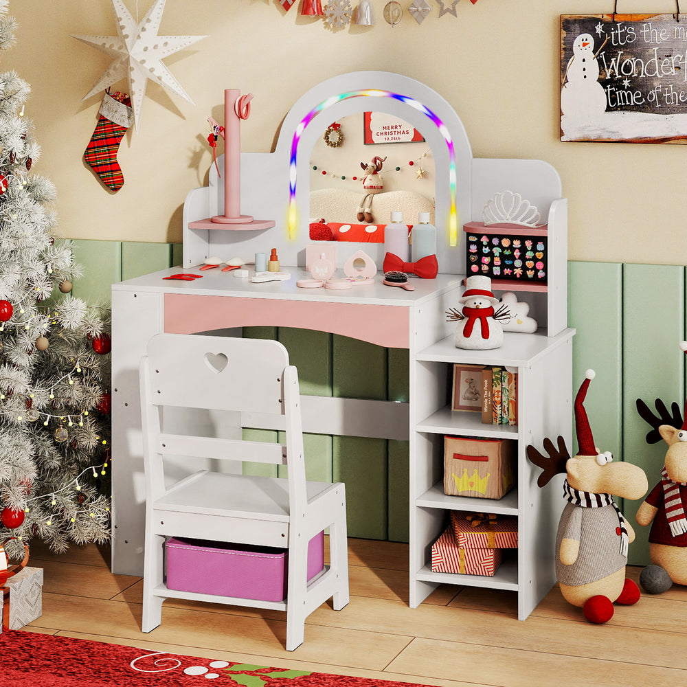 Kids vanity set with colorful LED lights, shatterproof mirror, and storage shelves, perfect for imaginative play.