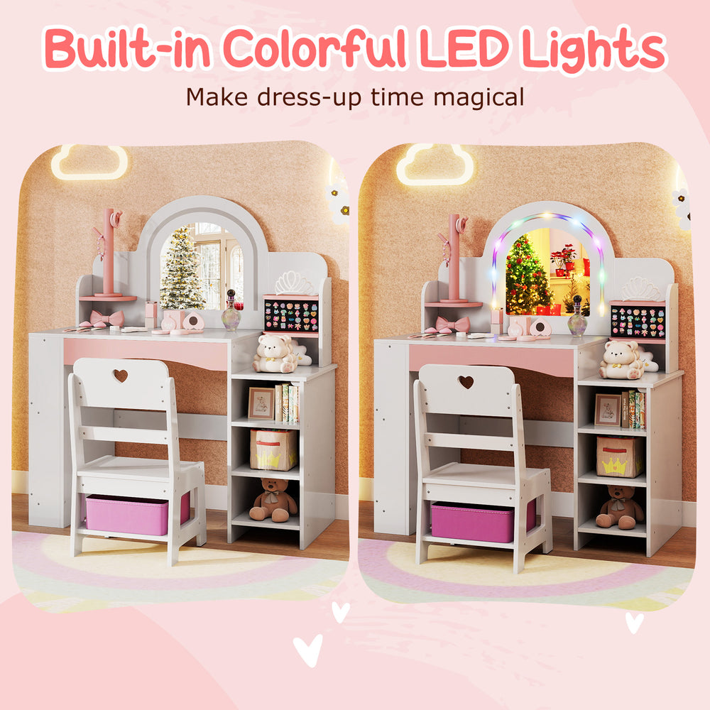 Kids vanity set with colorful LED lights, white finish, includes chair and storage for imaginative play and.