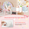 Kids vanity set with colorful LED lights, shatterproof mirror, and anti-toppling device for safe imaginative play.