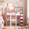 Kids vanity set in white and pink featuring a mirror, chair, and storage shelves for organizing toys and accessories.