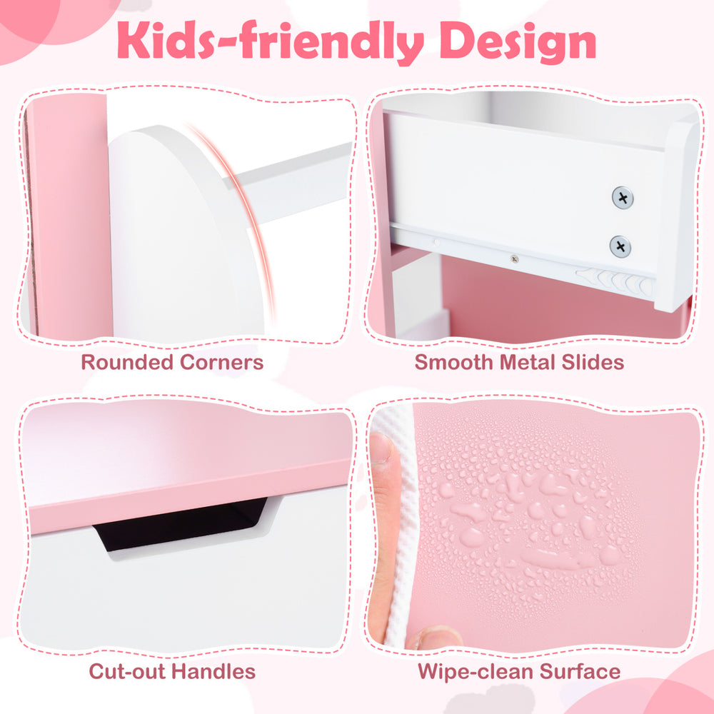 Kids vanity set features rounded corners, cut-out handles, and a wipe-clean surface in white and pink design.