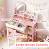 Kids vanity set in white and pink featuring a spacious tabletop, mirror, 2 drawers, and 4 side shelves for storage.