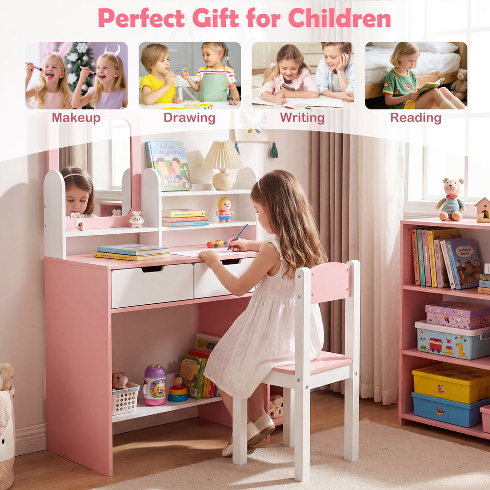 Kids vanity set in white and pink with chair, mirror, and storage shelves, perfect for children's makeup and drawing.