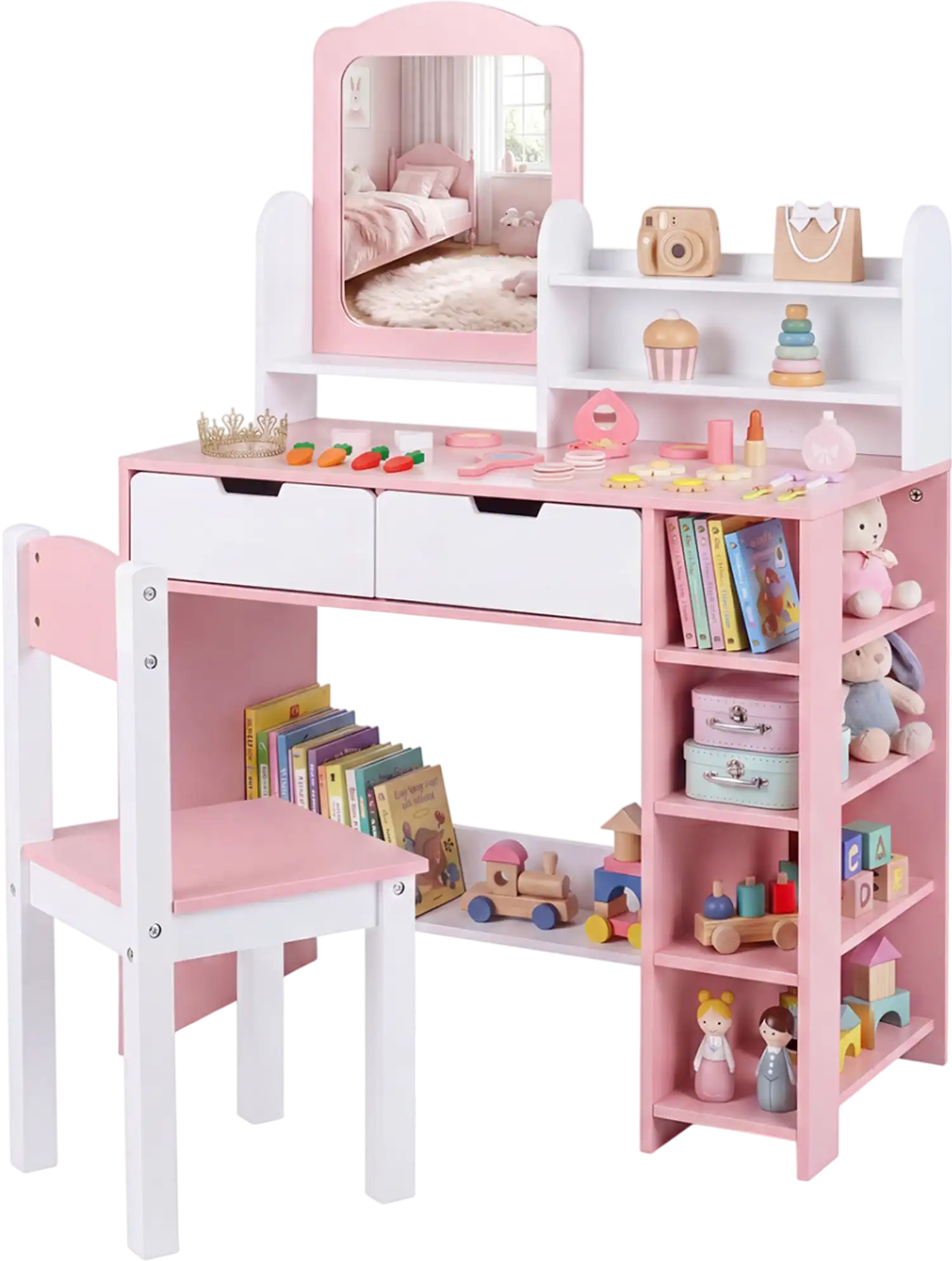 Costway Kids Vanity Set w/ Chair Mirror Storage Drawers 73462691 New