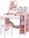 Kids vanity set in white and pink featuring a chair, mirror, storage shelves, and drawers for organized playtime.