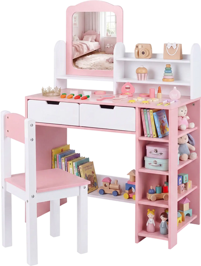 Costway Kids Vanity Set w/ Chair Mirror Storage Drawers 73462691 New