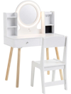 Kids vanity set in white featuring a lighted mirror, storage drawers, and solid pine wood legs for stability.