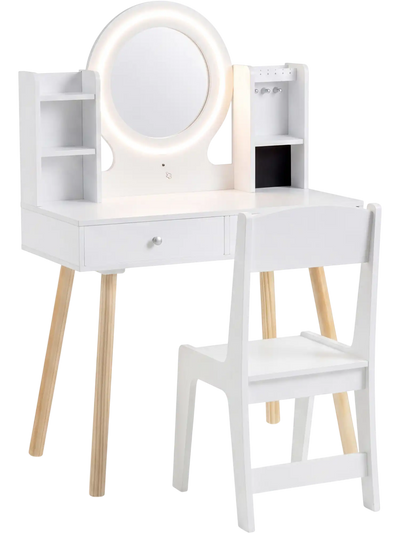 Costway Kids Vanity Set Lighted Mirror Storage Drawers 72635481 New