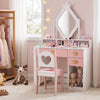 Kids vanity set featuring a crown mirror and heart-shaped chair in white and pink, perfect for pretend play and study.