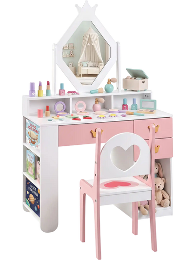 Costway Kids Vanity Set Crown Mirror Chair for Girls 36108218 New