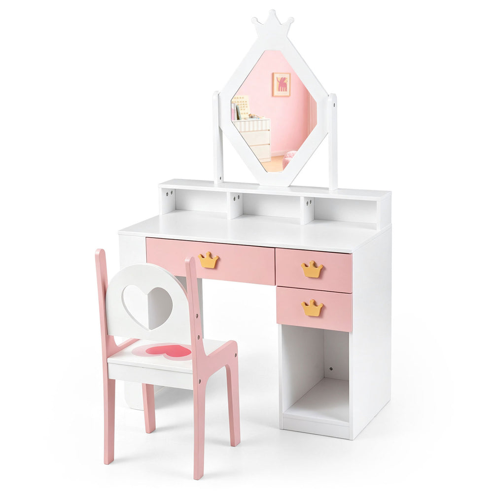 Kids vanity set featuring a crown mirror and heart-patterned chair in white and pink, perfect for pretend play and study.