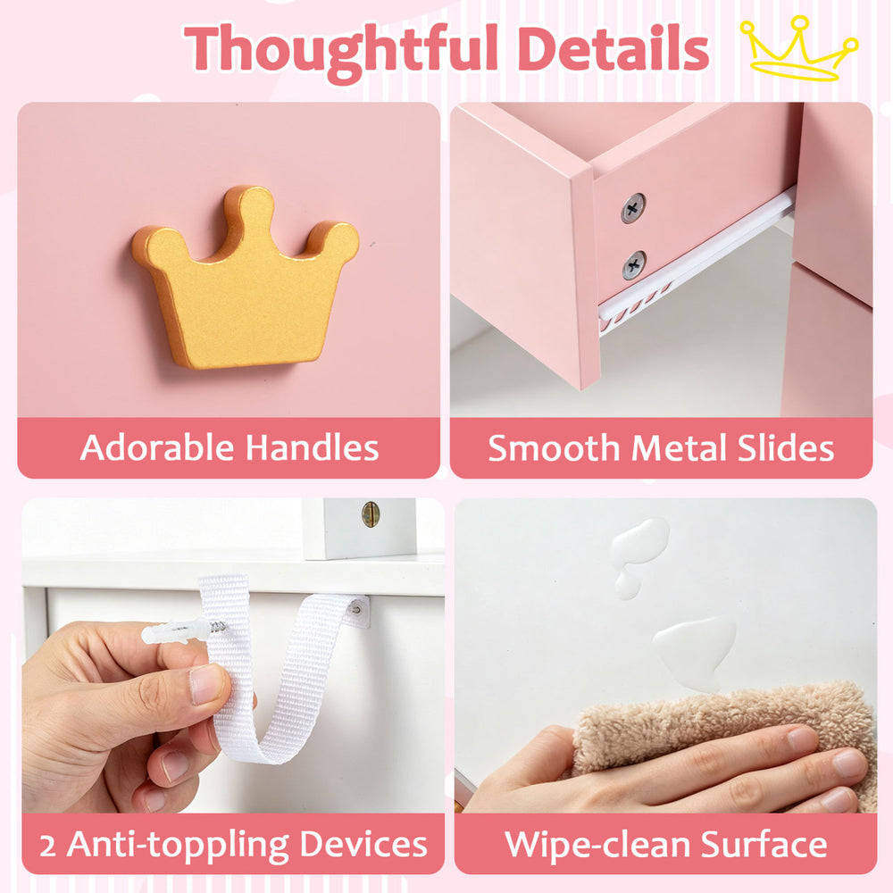 Kids vanity set features a crown mirror, pink handles, and anti-toppling devices for safe and stylish playtime.