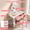 Kids vanity set in white and pink featuring a crown mirror, 3 drawers, and spacious compartments for organized play.