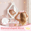 Diamond-shaped crown mirror on a kids vanity set in white and pink, perfect for pretend play and daily grooming.