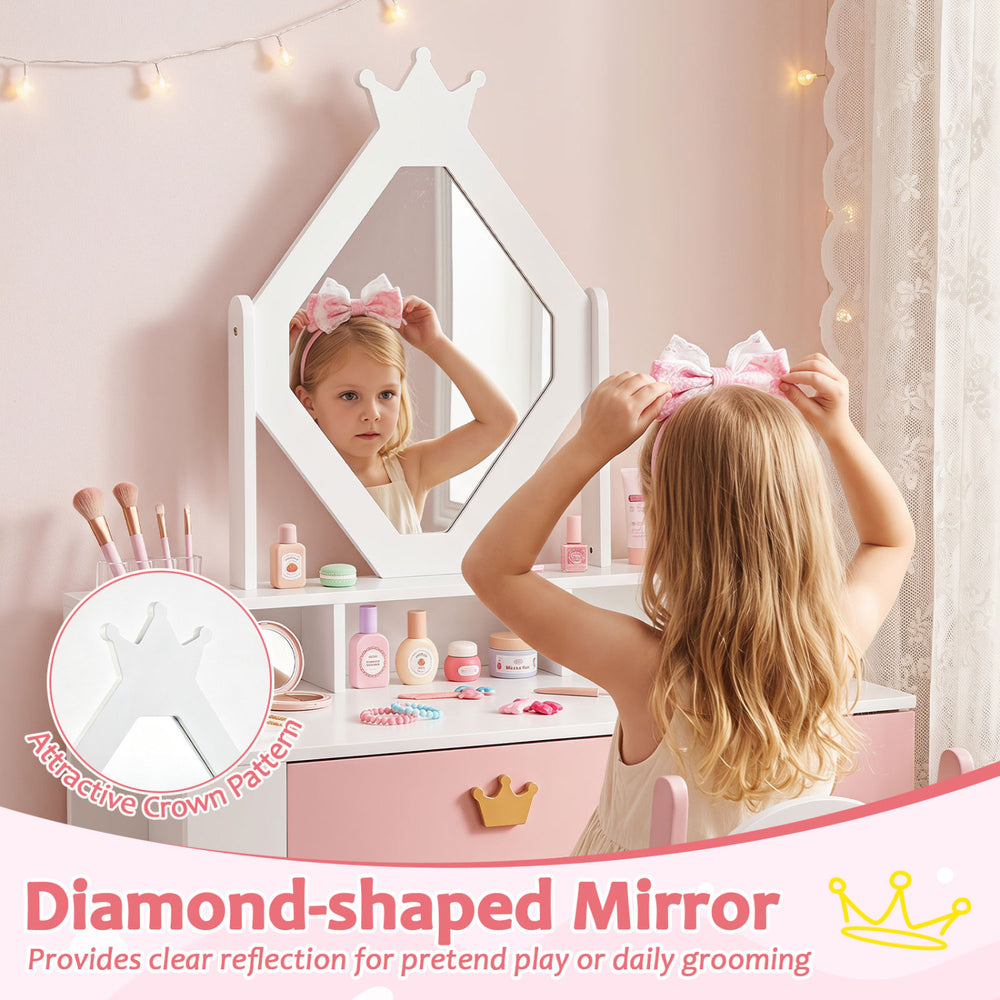 Diamond-shaped crown mirror on a kids vanity set in white and pink, perfect for pretend play and daily grooming.