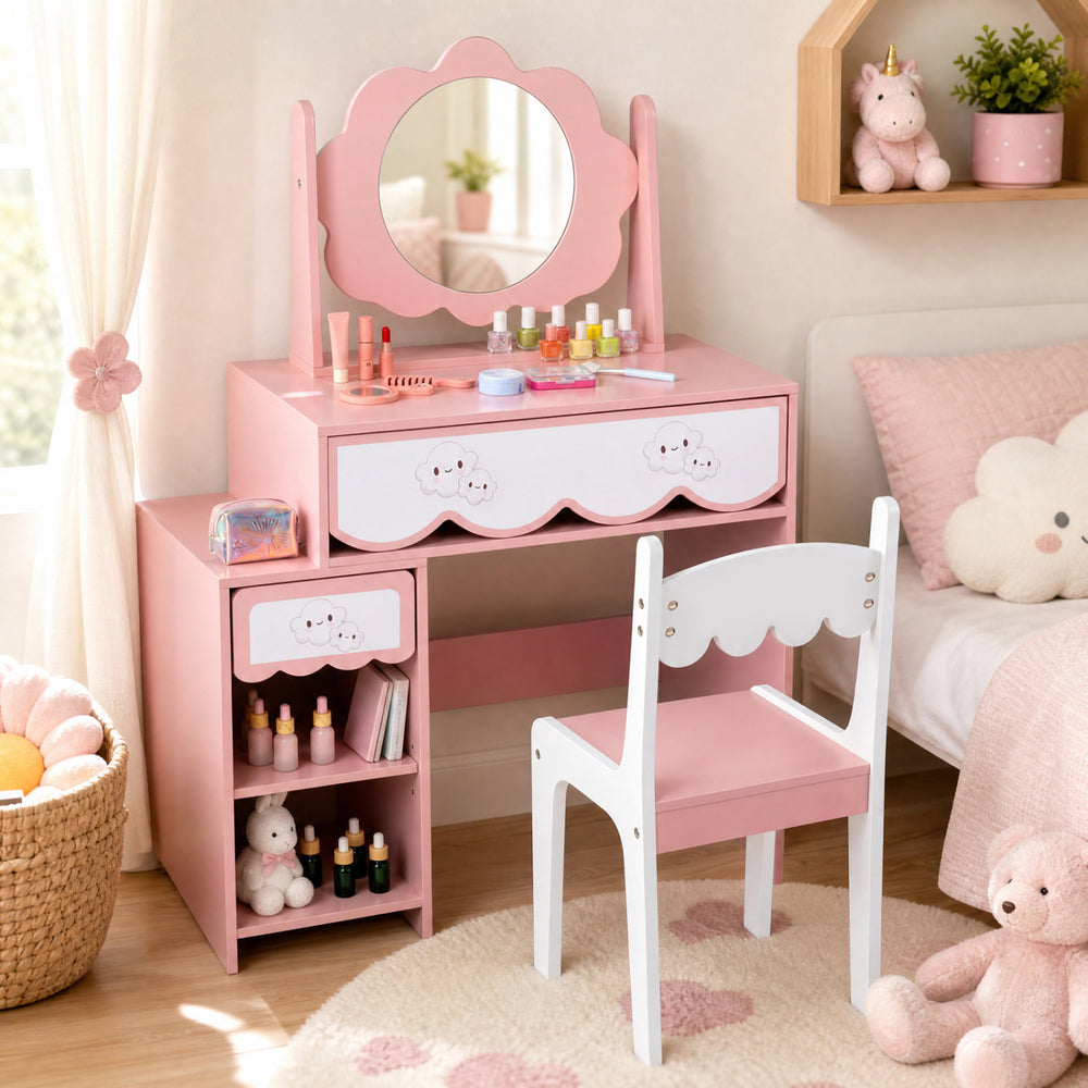 Kids vanity set in pink with 360° rotating mirror, two drawers, and side compartments for organized play and storage.