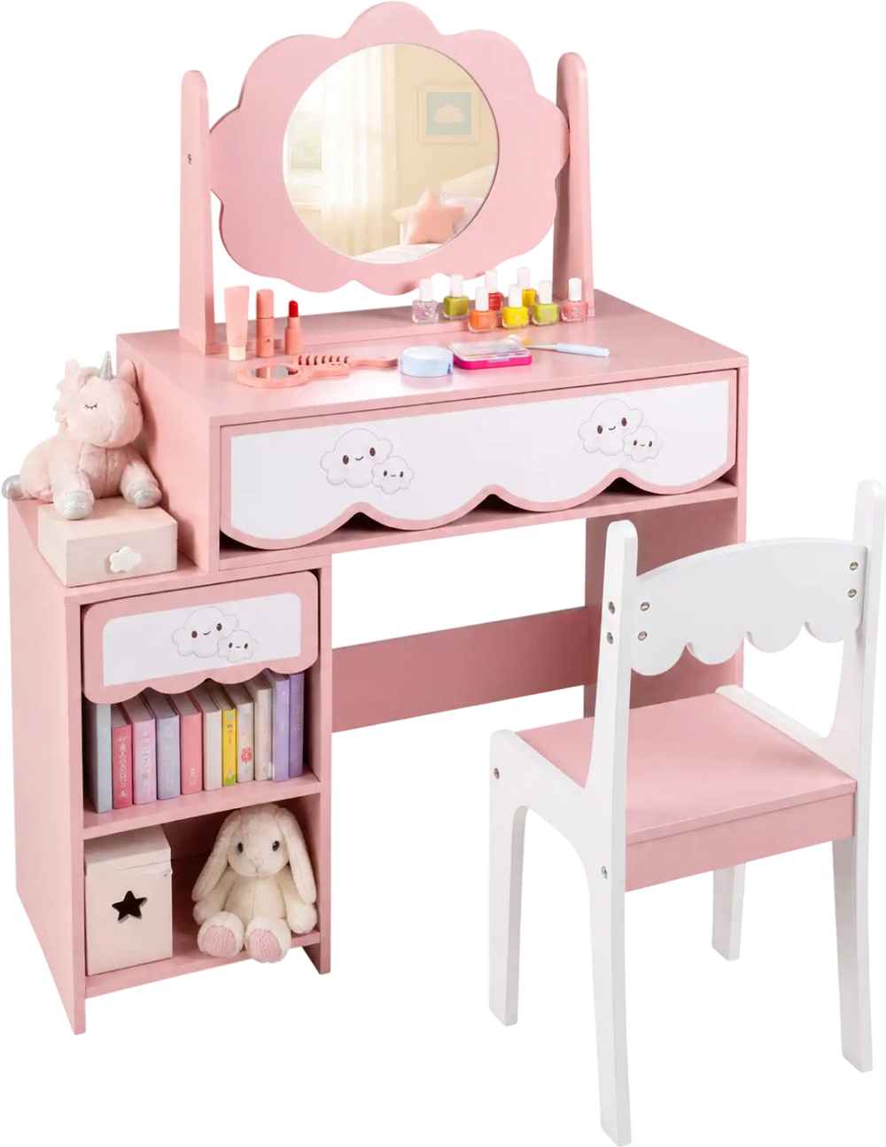 Kids vanity set in pink with a 360° rotating mirror, two drawers, and a chair, perfect for pretend play and organization.