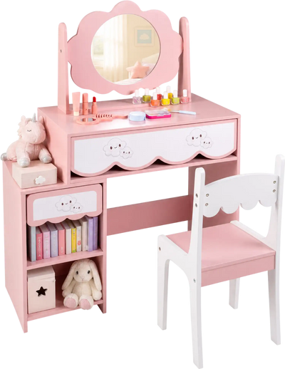 Costway Kids Vanity Set Rotating Mirror Chair Girls 59987027 New