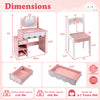Kids vanity set in pink with a 360° rotating mirror, adjustable shelf, and two drawers for organized play and storage.