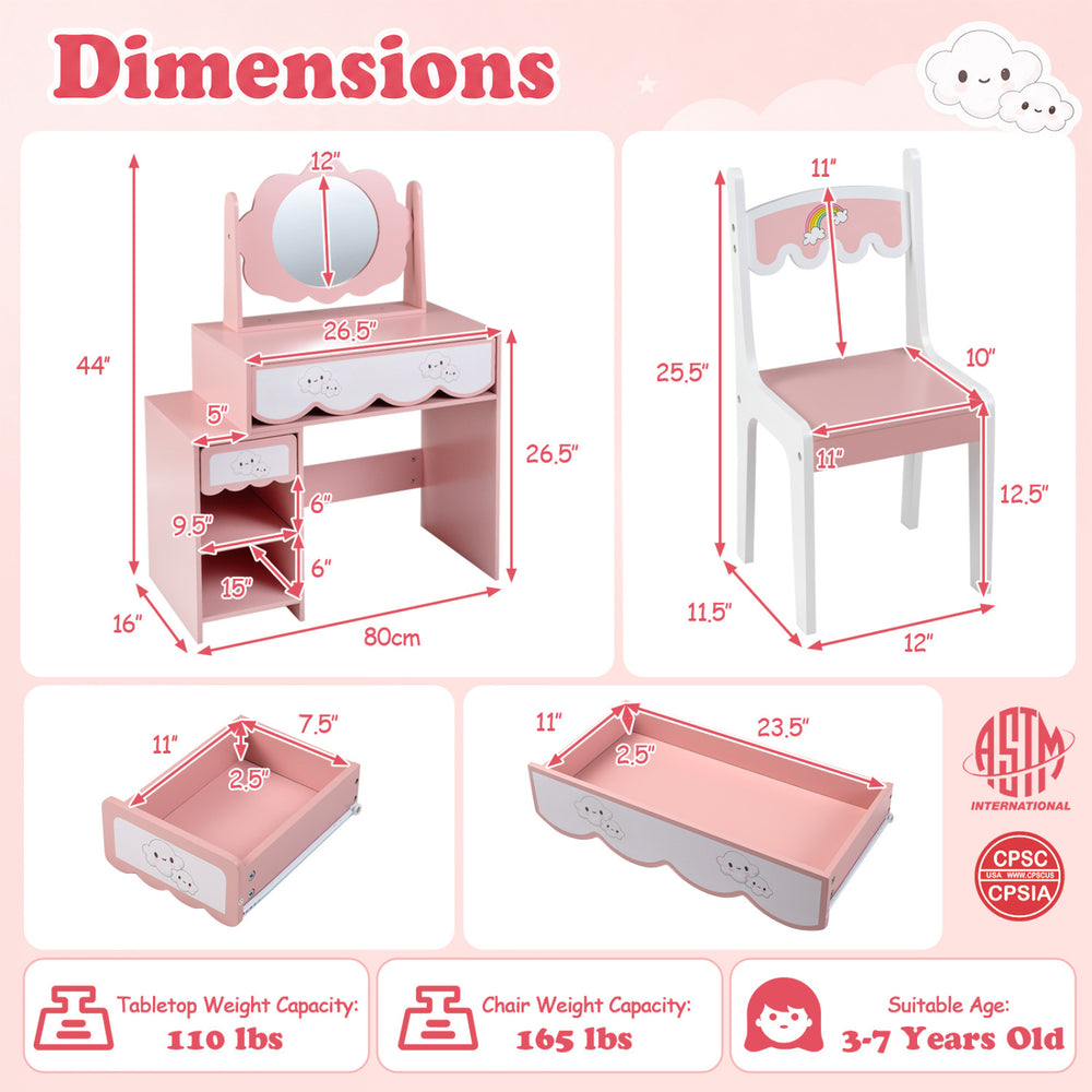 Kids vanity set in pink with a 360° rotating mirror, adjustable shelf, and two drawers for organized play and storage.