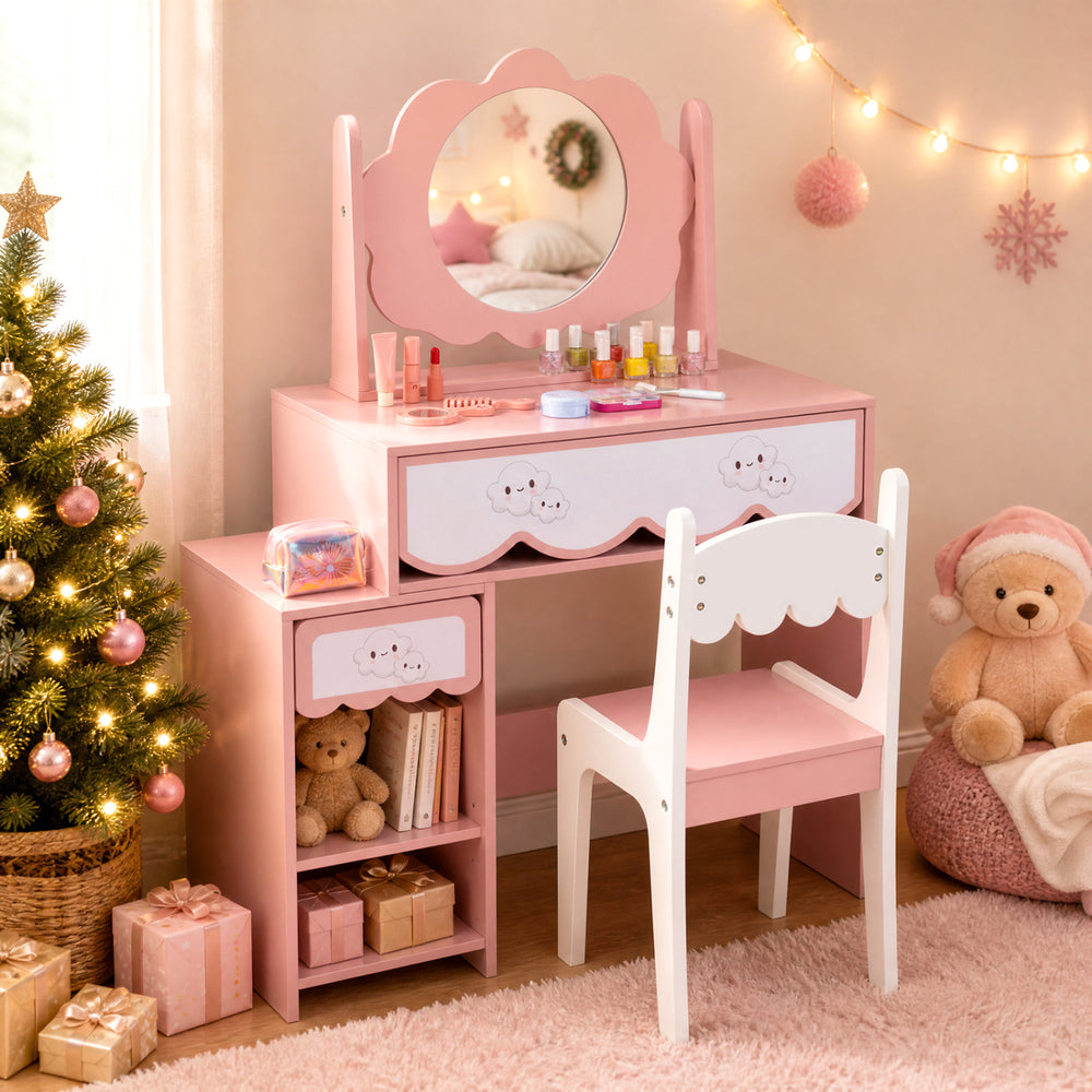 Kids vanity set in pink with a 360° rotating mirror, two drawers, and side compartments for organized play and storage.