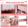 Kids vanity set in pink with 360° rotating mirror, smooth metal slides, and wipe-clean surface for imaginative play.