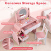 Kids vanity set in pink with a 360° rotating mirror, large tabletop, and two drawers for organized play and storage.