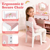 Ergonomic pink chair with a cute rainbow pattern, rounded corners, and hidden screws for safety in a kids' vanity set.