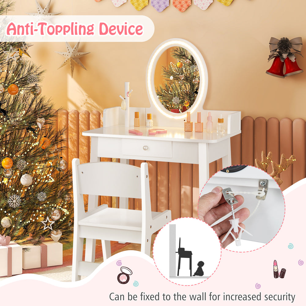 Kids vanity set in white with lighted mirror, spacious tabletop, and anti-toppling device for safety and durability.