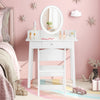 Kids vanity set in white with a lighted mirror, spacious tabletop, and drawer, perfect for a child's room.