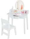 Kids vanity set in white with lighted mirror, spacious tabletop, and drawer, perfect for play or writing.