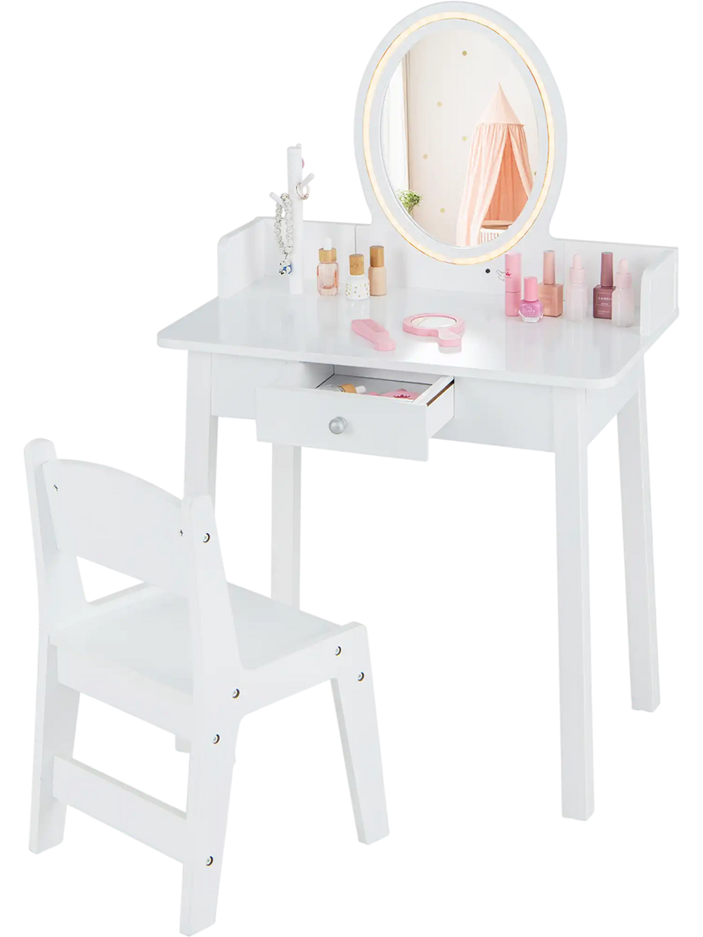 Kids vanity set in white with lighted mirror, spacious tabletop, and drawer, perfect for play or writing.