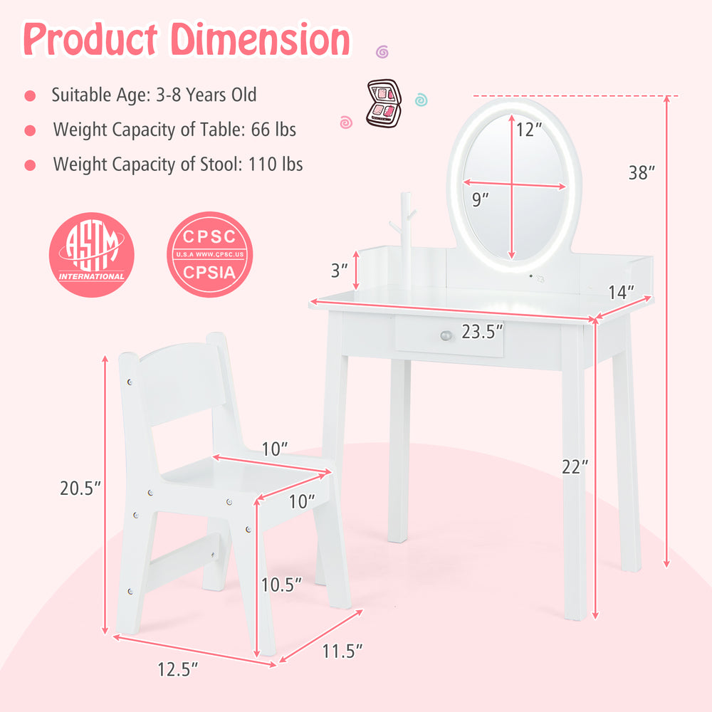 Kids vanity set in white with a lighted mirror, spacious tabletop, and drawer for storage, designed for ages 3-8.