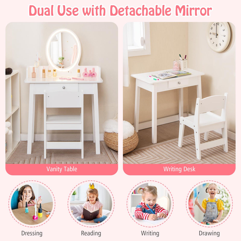 Kids vanity set in white featuring a lighted detachable mirror, spacious storage, and dual use as a writing desk.