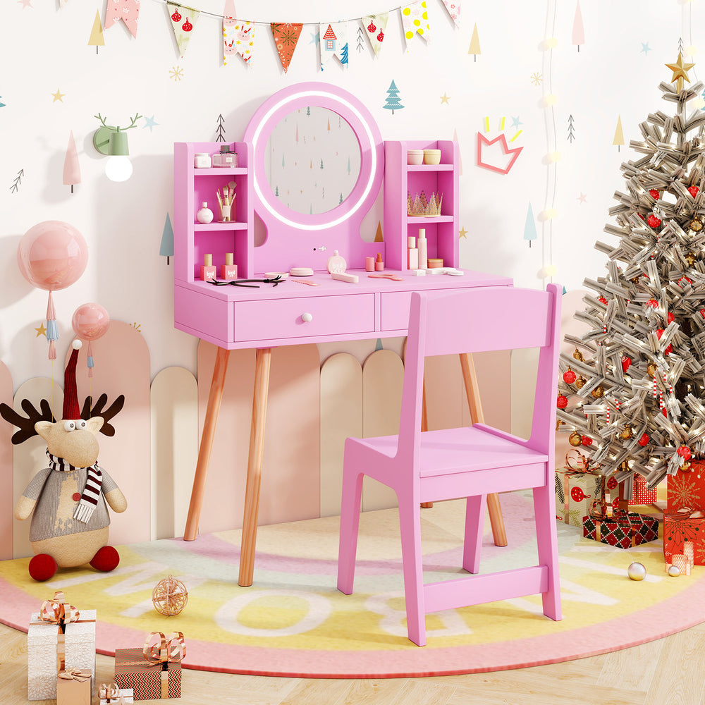 Kids Vanity Set with Lighted Mirror and Storage Drawers-Pink - Gallery View 1 of 10