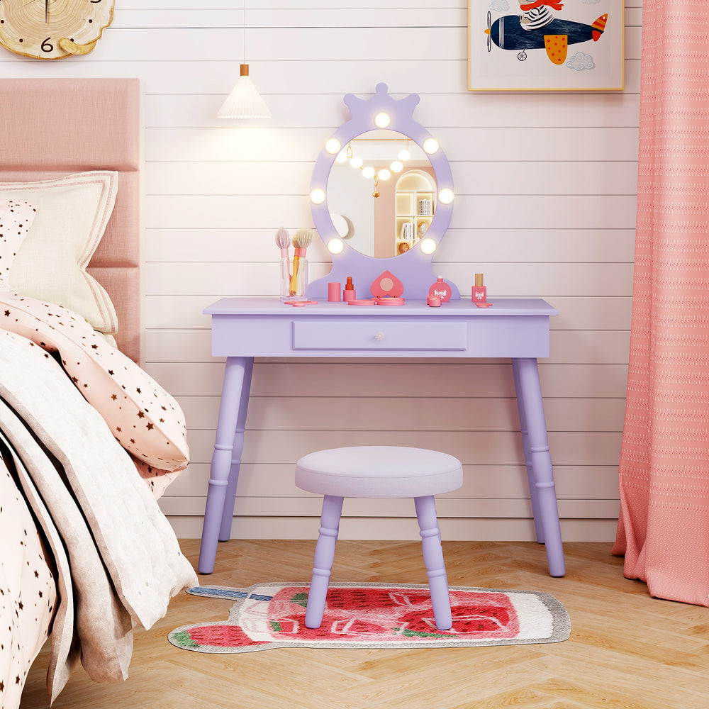 Kids Vanity Set with Lighted Mirror with Adjustable Brightness and Large Drawer-Purple - Gallery View 1 of 10