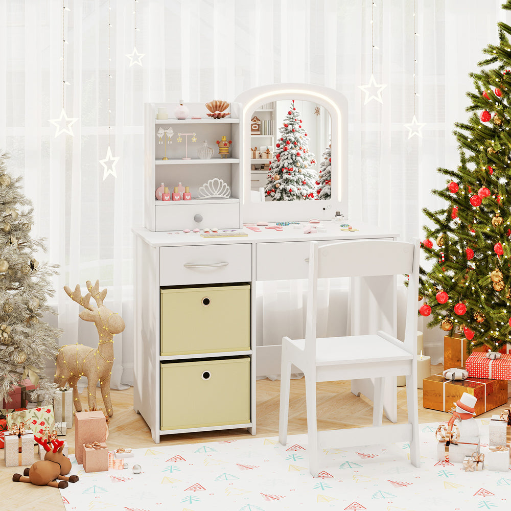 Kids vanity set in white with lighted mirror, storage drawers, and chair, perfect for dressing and creative activities.